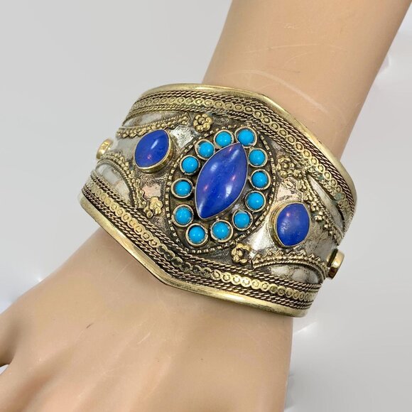 Vintage Afghan Bracelet: Middle Eastern Kuchi Blue Turquoise Silver Brass Glass - Picture 2 of 5